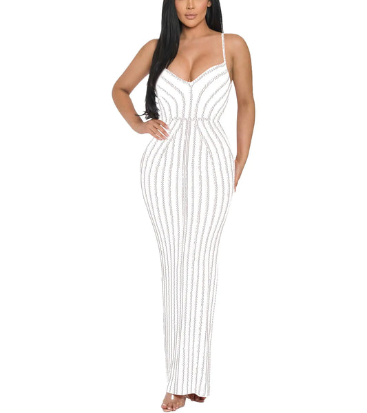 Zoctuo Womens Sexy Elegant Side Split Spaghetti Straps Maxi Dress Rhinestone Birthday Cocktail Party Club Outfit Clubwear(6761WhiteS)