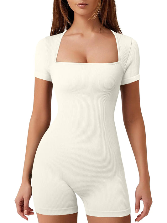 YIOIOIO Womens Short Sleeve Yoga Romper Seamless Ribbed Bodycon One Piece Square Neck Jumpsuit